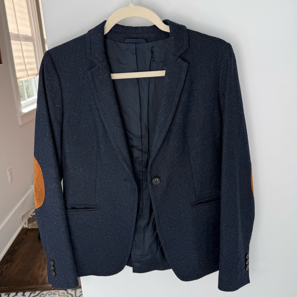 Taylor Stitch Dark Blue Blazer with Tan Elbow Patches
